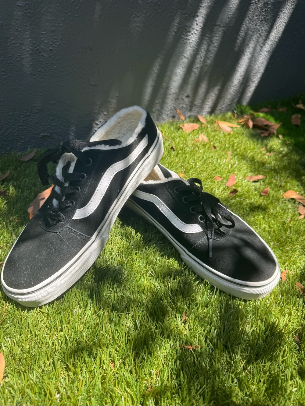 Vans Black Mule and White Low-Top Canvas Sneakers with Shearling Lining